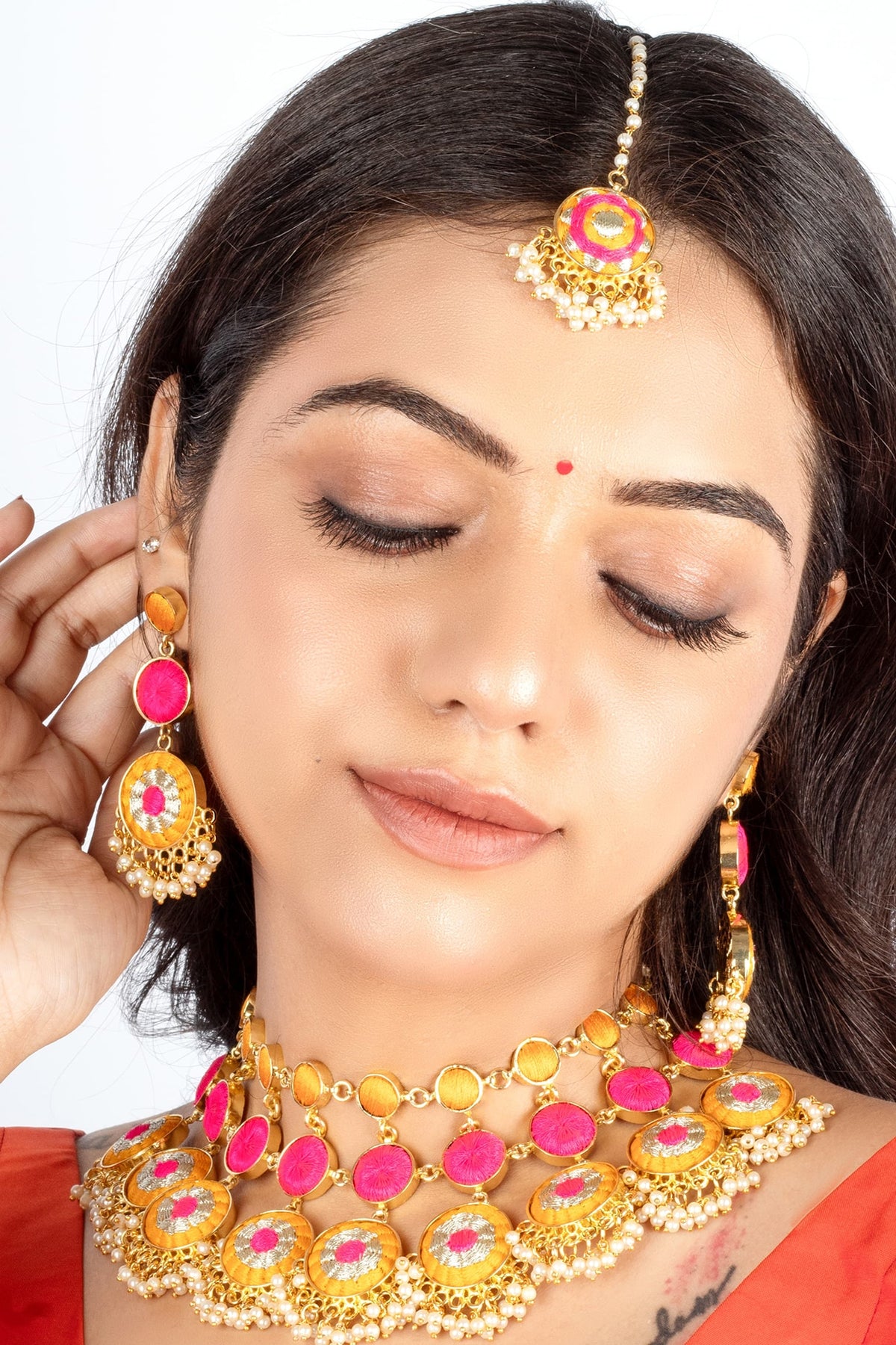 Gold Plated Mustard Yellow & Hot Pink Silk Thread Embroidered Choker Necklace Set