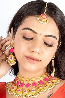 Gold Plated Mustard Yellow & Hot Pink Silk Thread Embroidered Choker Necklace Set