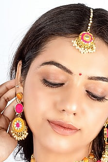 Gold Plated Mustard Yellow & Hot Pink Silk Thread Embroidered Choker Necklace Set
