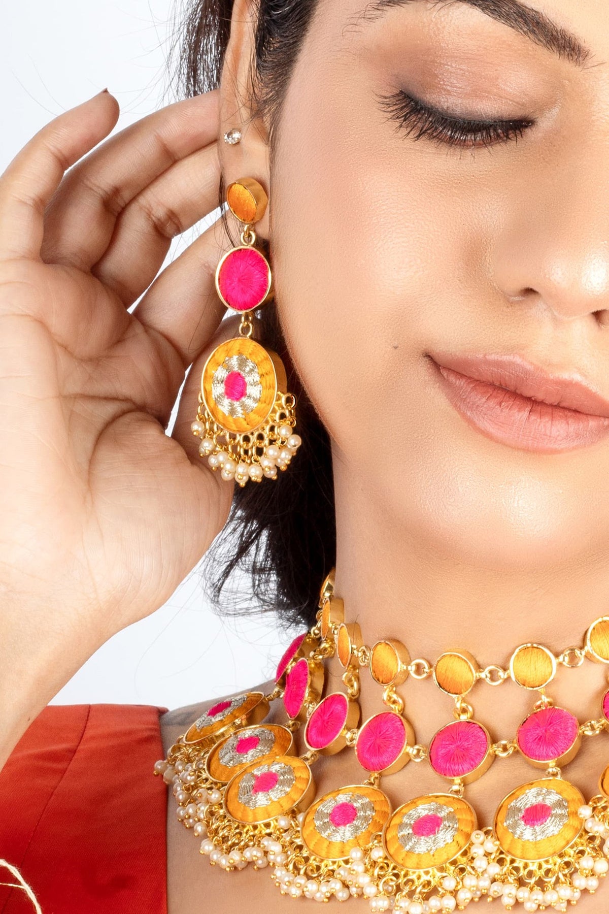 Gold Plated Mustard Yellow & Hot Pink Silk Thread Embroidered Choker Necklace Set
