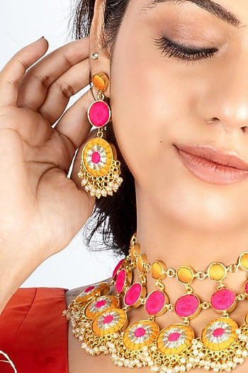 Gold Plated Mustard Yellow & Hot Pink Silk Thread Embroidered Choker Necklace Set