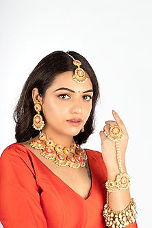 Gold Plated Mustard Yellow & Hot Pink Silk Thread Embroidered Choker Necklace Set