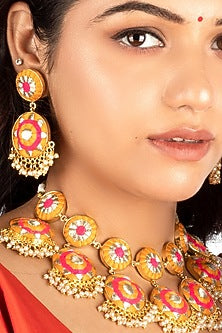 Gold Plated Mustard Yellow & Hot Pink Silk Thread Embroidered Choker Necklace Set