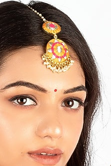 Gold Plated Mustard Yellow & Hot Pink Silk Thread Embroidered Choker Necklace Set