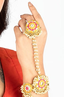 Gold Plated Mustard Yellow & Hot Pink Silk Thread Embroidered Choker Necklace Set