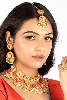 Gold Plated Mustard Yellow & Hot Pink Silk Thread Embroidered Choker Necklace Set