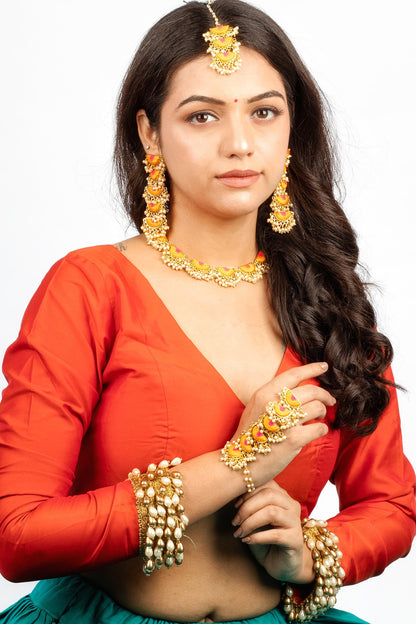 Gold Plated Mustard Yellow & Hot Pink Silk Thread Embroidered Choker Necklace Set