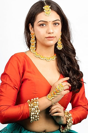Gold Plated Mustard Yellow & Hot Pink Silk Thread Embroidered Choker Necklace Set
