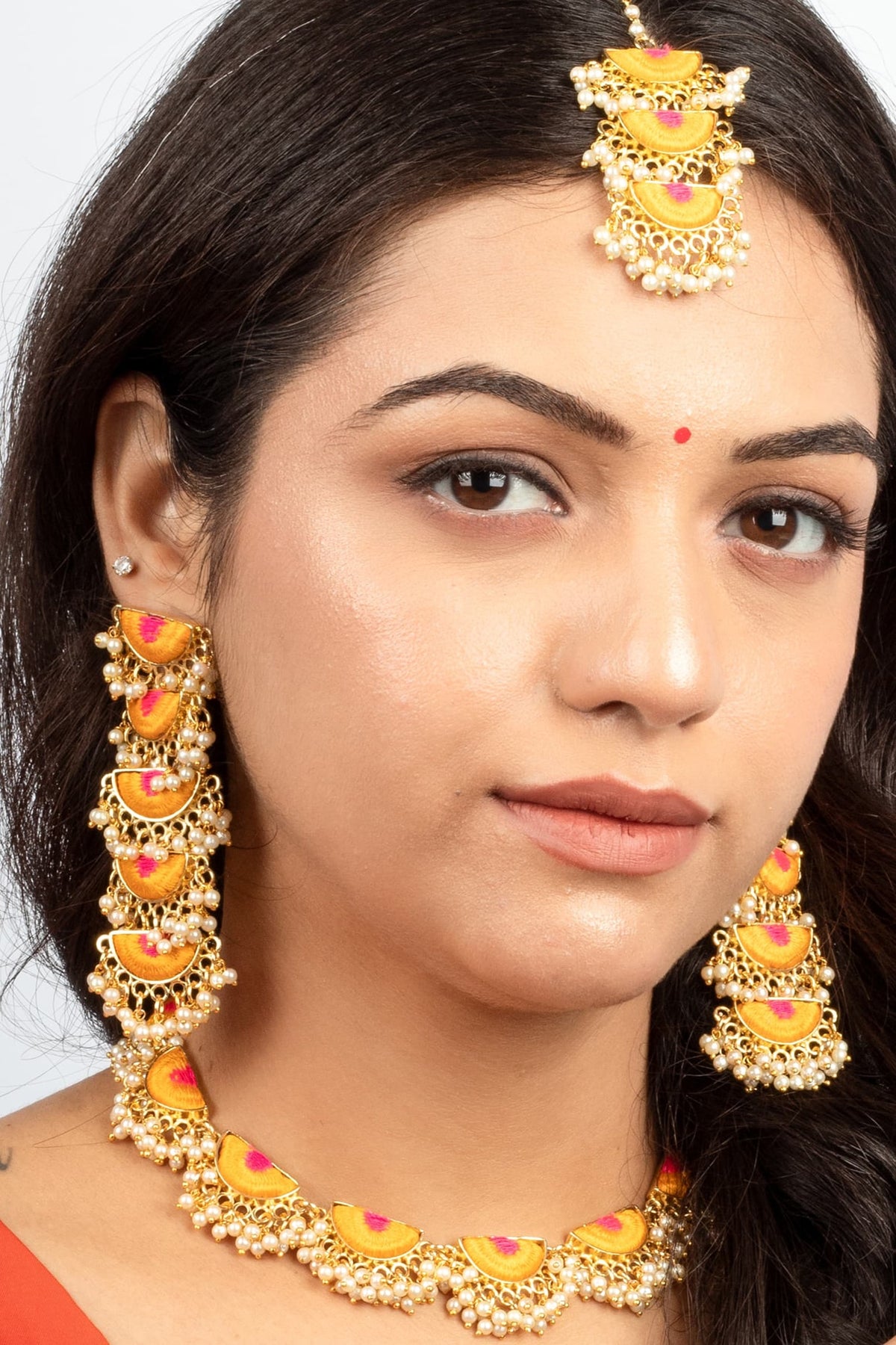 Gold Plated Mustard Yellow & Hot Pink Silk Thread Embroidered Choker Necklace Set
