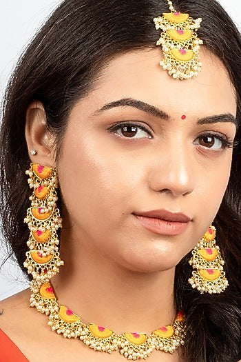 Gold Plated Mustard Yellow & Hot Pink Silk Thread Embroidered Choker Necklace Set
