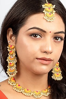 Gold Plated Mustard Yellow & Hot Pink Silk Thread Embroidered Choker Necklace Set