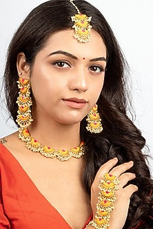 Gold Plated Mustard Yellow & Hot Pink Silk Thread Embroidered Choker Necklace Set