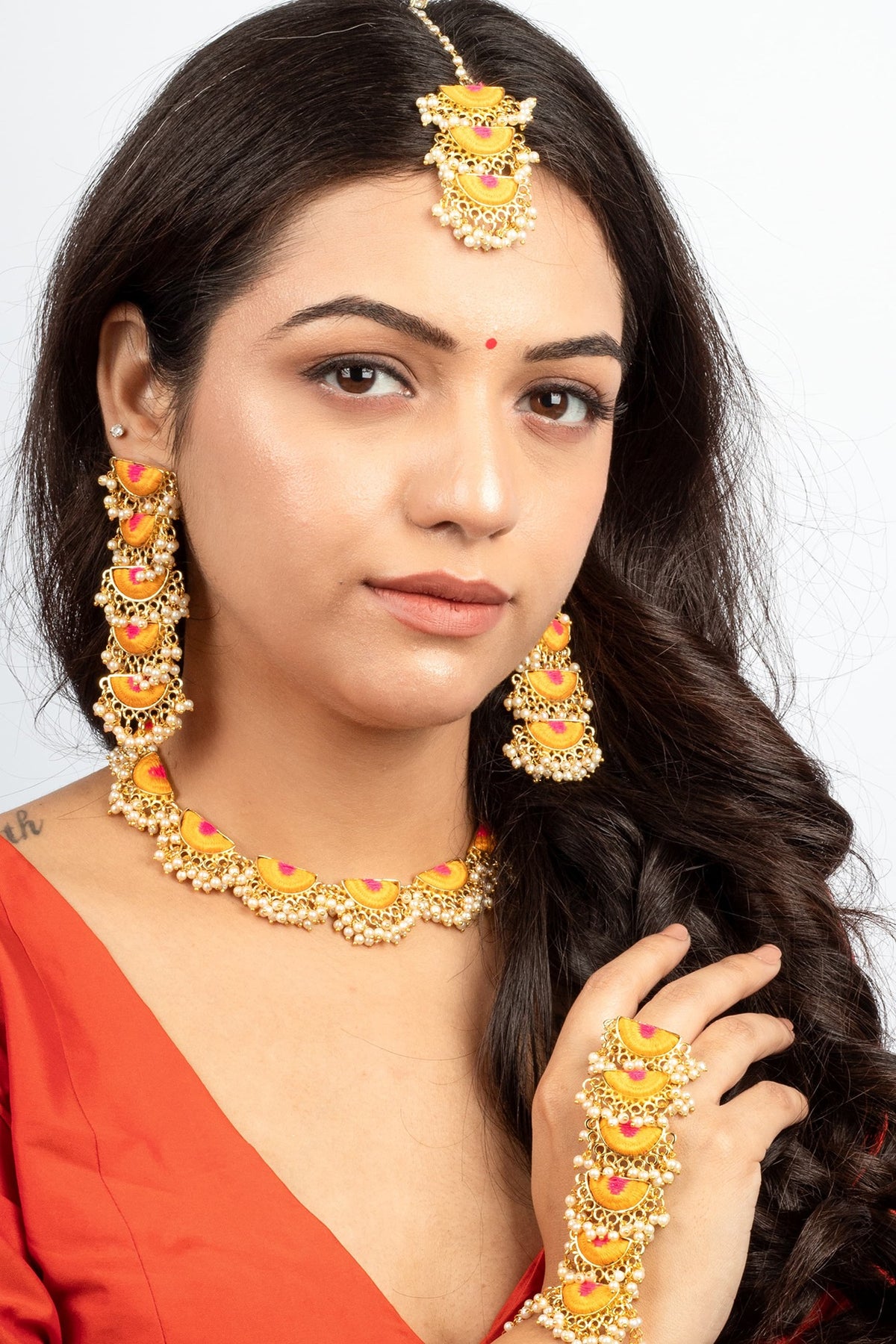 Gold Plated Mustard Yellow & Hot Pink Silk Thread Embroidered Choker Necklace Set