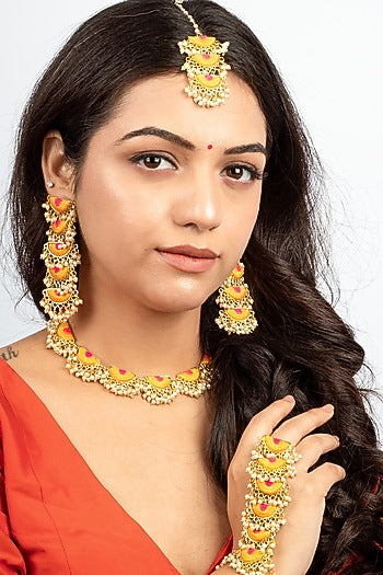 Gold Plated Mustard Yellow & Hot Pink Silk Thread Embroidered Choker Necklace Set