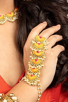 Gold Plated Mustard Yellow & Hot Pink Silk Thread Embroidered Choker Necklace Set