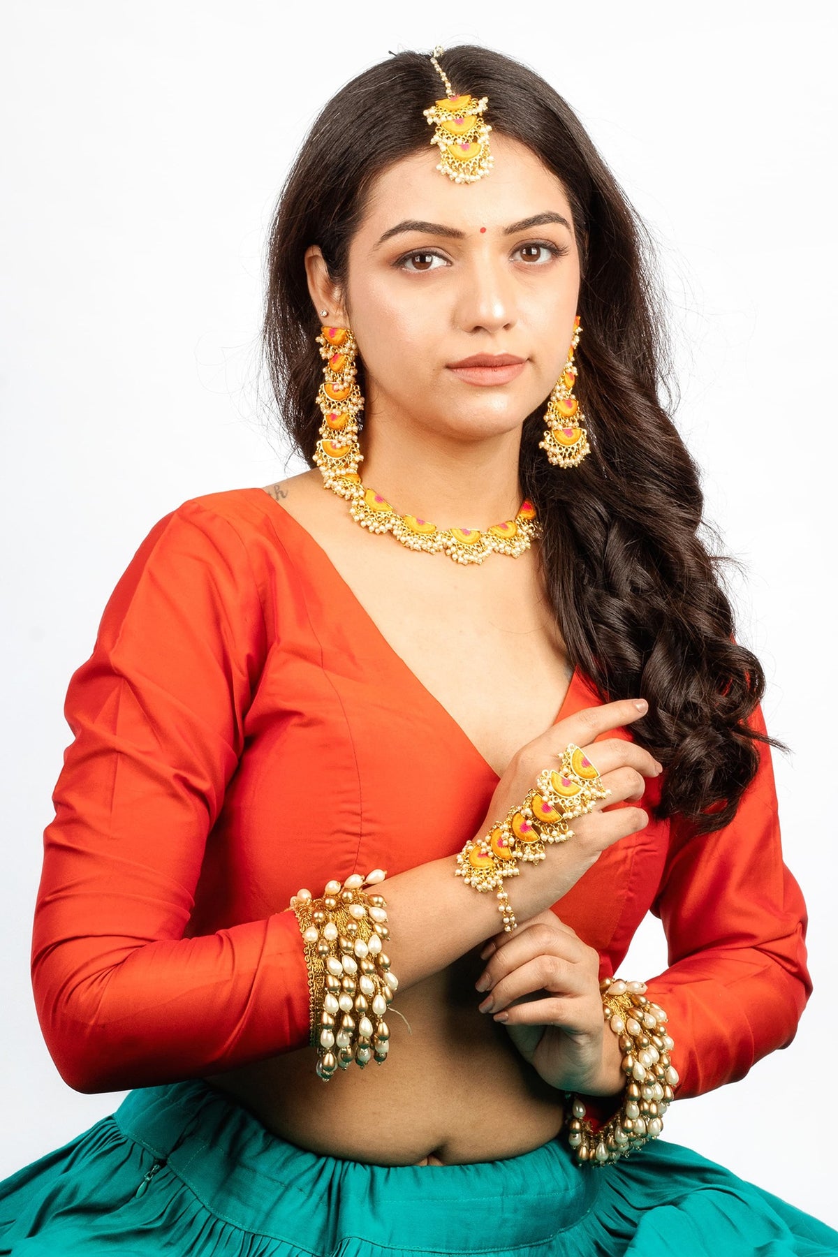 Gold Plated Mustard Yellow & Hot Pink Silk Thread Embroidered Choker Necklace Set