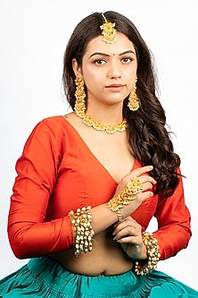 Gold Plated Mustard Yellow & Hot Pink Silk Thread Embroidered Choker Necklace Set