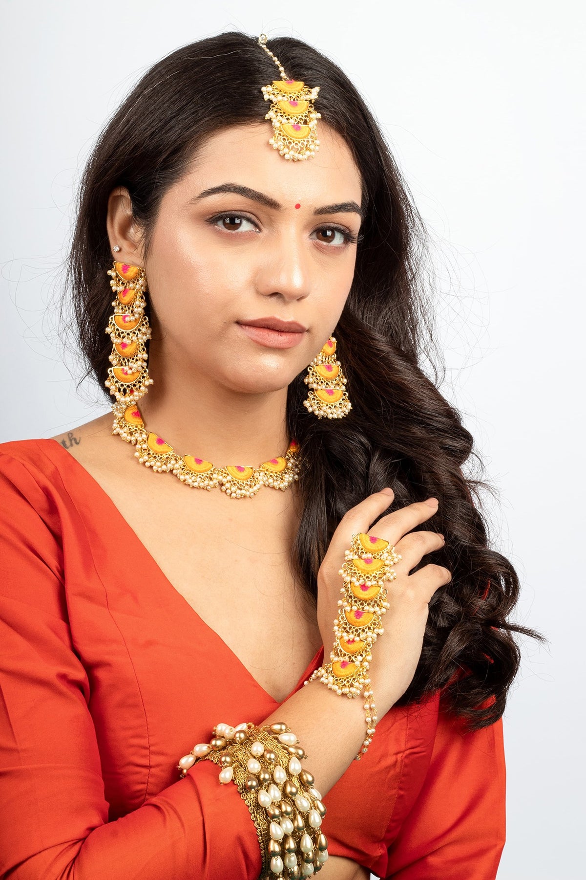 Gold Plated Mustard Yellow & Hot Pink Silk Thread Embroidered Choker Necklace Set