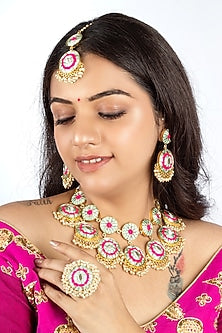 Gold Plated Mint Blue & Hot Pink Silk Thread Embroidered Choker Necklace Set