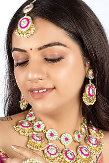 Gold Plated Mint Blue & Hot Pink Silk Thread Embroidered Choker Necklace Set
