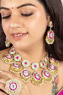 Gold Plated Mint Blue & Hot Pink Silk Thread Embroidered Choker Necklace Set