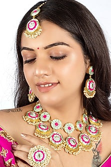 Gold Plated Mint Blue & Hot Pink Silk Thread Embroidered Choker Necklace Set