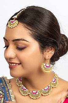 Gold Plated Silk Thread Hand Embroidered & Pearl Choker Necklace Set