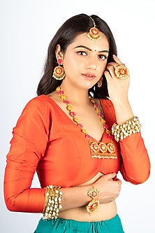 Gold Plated Thread Embroidered & Pearl Long Necklace Set
