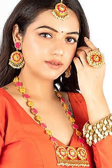 Gold Plated Thread Embroidered & Pearl Long Necklace Set