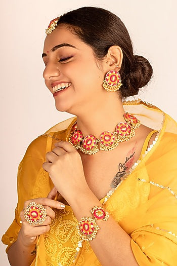 Gold Plated Silk Thread Embroidered & Pearl Choker Necklace Set