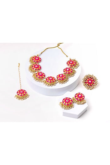 Gold Plated Silk Thread Embroidered & Pearl Choker Necklace Set
