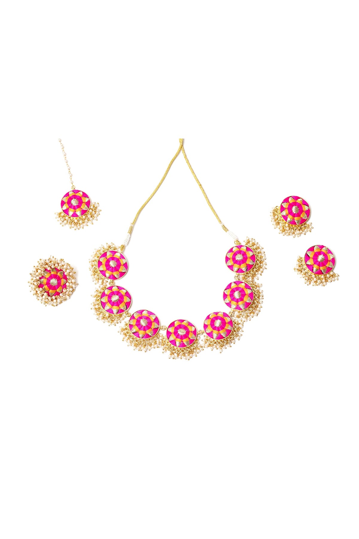 Gold Plated Silk Thread Embroidered & Pearl Choker Necklace Set