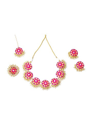 Gold Plated Silk Thread Embroidered & Pearl Choker Necklace Set