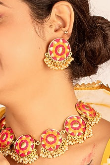 Gold Plated Silk Thread Embroidered & Pearl Choker Necklace Set