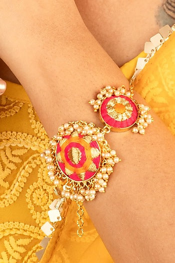 Gold Plated Silk Thread Embroidered & Pearl Choker Necklace Set