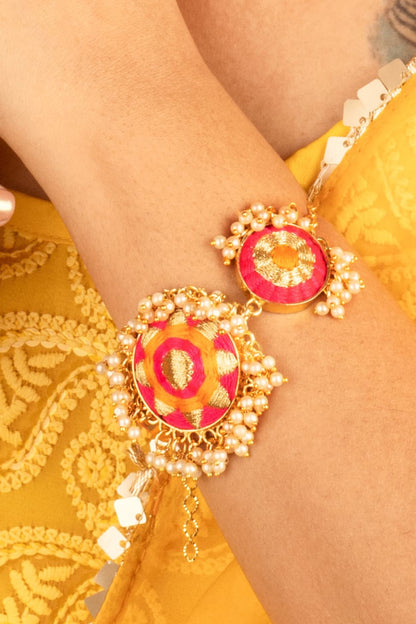 Gold Plated Silk Thread Embroidered & Pearl Choker Necklace Set