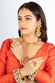 Gold Plated Silk Thread Hand Embroidered & Pearl Choker Necklace Set