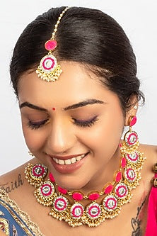 Gold Plated Pastel Blue Embroidered & Pearl Choker Necklace Set