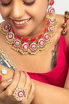 Gold Plated Pastel Blue Embroidered & Pearl Choker Necklace Set
