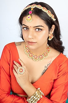 Gold Finish Silk Thread Hand Embroidered & Pearl Choker Necklace Set