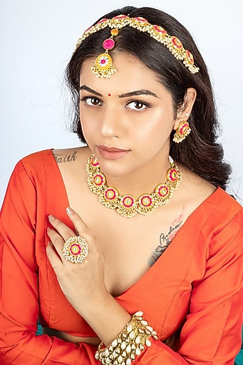 Gold Finish Silk Thread Hand Embroidered & Pearl Choker Necklace Set