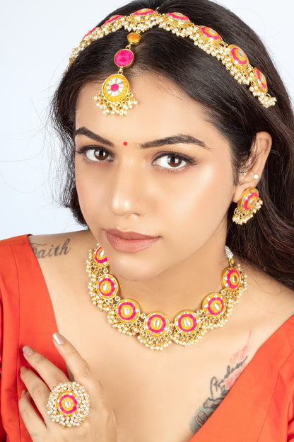 Gold Finish Silk Thread Hand Embroidered & Pearl Choker Necklace Set