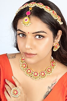 Gold Finish Silk Thread Hand Embroidered & Pearl Choker Necklace Set