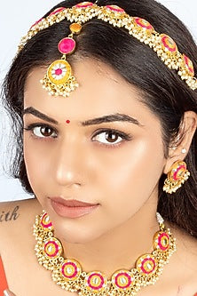 Gold Finish Silk Thread Hand Embroidered & Pearl Choker Necklace Set