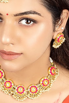 Gold Finish Silk Thread Hand Embroidered & Pearl Choker Necklace Set