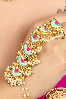 Gold Finish Mint Blue & Pink Silk Thread Embroidered Hathphool