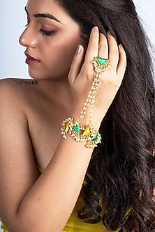 Gold Finish Lime Green & Yellow Thread Embroidered Hathphool