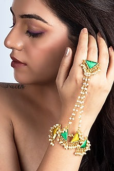 Gold Finish Lime Green & Yellow Thread Embroidered Hathphool