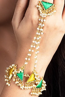 Gold Finish Lime Green & Yellow Thread Embroidered Hathphool