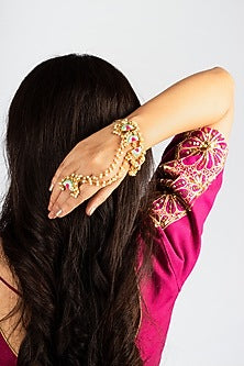 Gold Plated Mint Blue & Fuchsia Pink Silk Thread Embroidered Hathphool